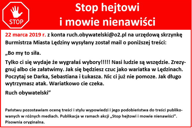 Burmistrz Lędzin dostaje pogróżki na maila. "Spierd***j z ratusza!"