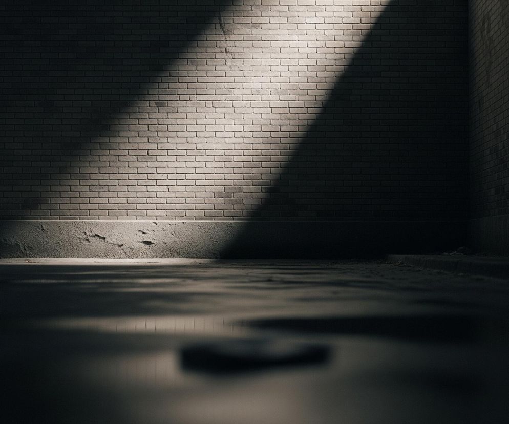 Ciemne pomieszczenie oświetla ukośny snop światła padający z lewej strony, rozjaśniając fragment ceglanej ściany. Tekstura cegieł jest wyraźnie widoczna w świetle, podczas gdy obszary w cieniu pozostają w głębokiej szarości i czerni. Na dole ściany znajduje się nierówny cokół, a podłoga ma ciemną, błyszczącą powierzchnię, na której odbija się światło i cienie.