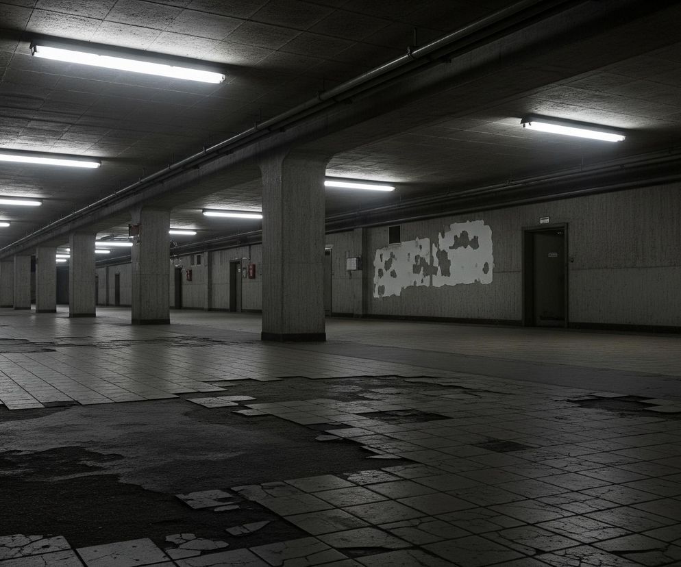 Długi, betonowy korytarz lub przejście podziemne, oświetlone rzędami podłużnych, jasnych lamp fluorescencyjnych zamontowanych na suficie. Pomieszczenie charakteryzuje się licznymi filarami wspierającymi sufit, rozmieszczonymi równomiernie wzdłuż prawej strony korytarza, natomiast po lewej stronie biegną liczne rury instalacyjne pod sufitem. Podłoga wyłożona jest ciemnymi, kwadratowymi płytkami, z których wiele jest popękanych lub całkowicie brakujących, odsłaniając ciemniejsze, nierówne podłoże. Na ścianach po prawej stronie widoczne są ślady łuszczącej się farby, a także ciemne drzwi i niewielkie czerwone obiekty, prawdopodobnie gaśnice.