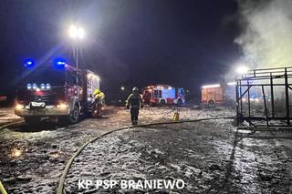 Pożar w Pieniężnie. Spłonęły wraki samochodów. Akcja strażaków trwała kilka godzin [ZDJĘCIA]