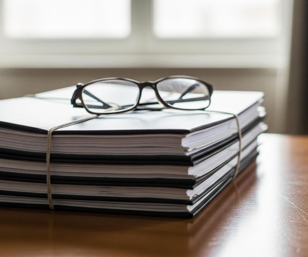 Na drewnianym, jasnobrązowym blacie stołu leży stos czarnych teczek, przewiązanych jasnym sznurkiem. Na szczycie stosu spoczywają ciemne okulary korekcyjne. W tle, za teczkami, widać rozmyte okno z białymi ramami, przez które wpada dzienne światło. Po lewej stronie okna widoczna jest częściowo zasłona w kolorze jasnego brązu, a po prawej krawędź ciemnego mebla lub fotela.