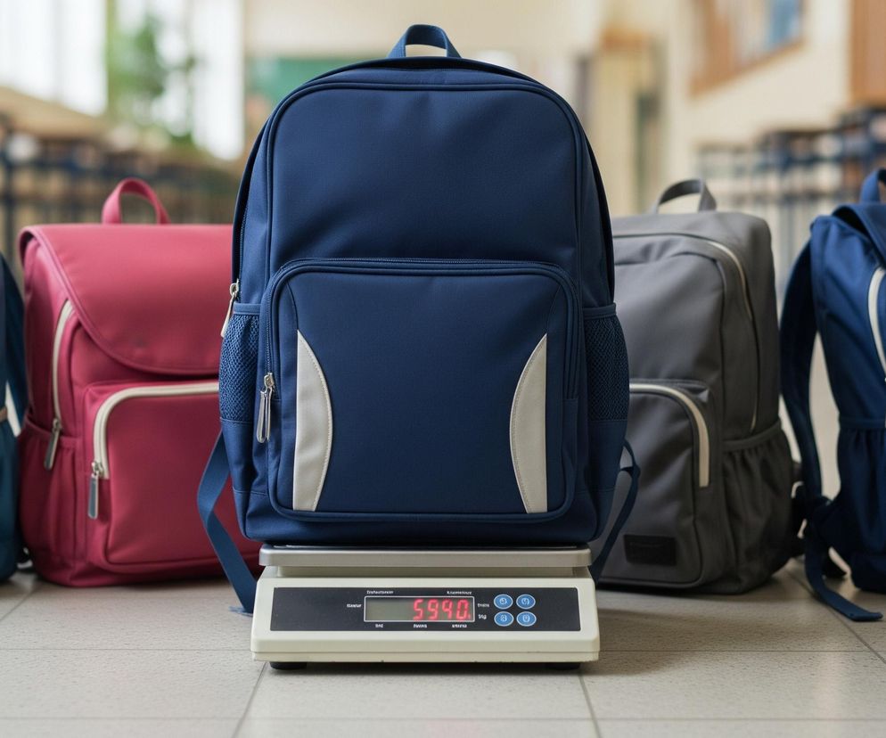 Centralnie w kadrze znajduje się ciemnoniebieski plecak, stojący na elektronicznej wadze laboratoryjnej z wyświetlaczem pokazującym czerwoną cyfrę 5990. Plecak posiada białe i szare wstawki oraz siateczkowe kieszenie boczne. Po jego lewej stronie stoją kolejne dwa plecaki: jasnoniebieski i różowy, a po prawej dwa inne: szary i kolejny ciemnoniebieski. Wszystkie plecaki ustawione są w rzędzie na jasnej, kafelkowej podłodze. W tle widać niewyraźne rzędy szkolnych ławek i krzeseł, co sugeruje szkolne otoczenie.