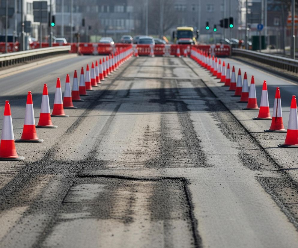 Na obrazie widoczna jest dwupasmowa droga w trakcie remontu, z widocznymi ubytkami i frezowaniem asfaltu na środkowym pasie. Dwa rzędy pomarańczowo-białych pachołków drogowych wyznaczają pasy ruchu, oddzielając miejsce prac od przejezdnych części jezdni. W oddali, za pachołkami, widoczne są inne pojazdy, w tym żółty autobus oraz samochody, a także światła drogowe z zielonym sygnałem. Po obu stronach drogi znajdują się metalowe barierki i siatkowe ogrodzenia, a tło wypełniają niewyraźne budynki i drzewa.