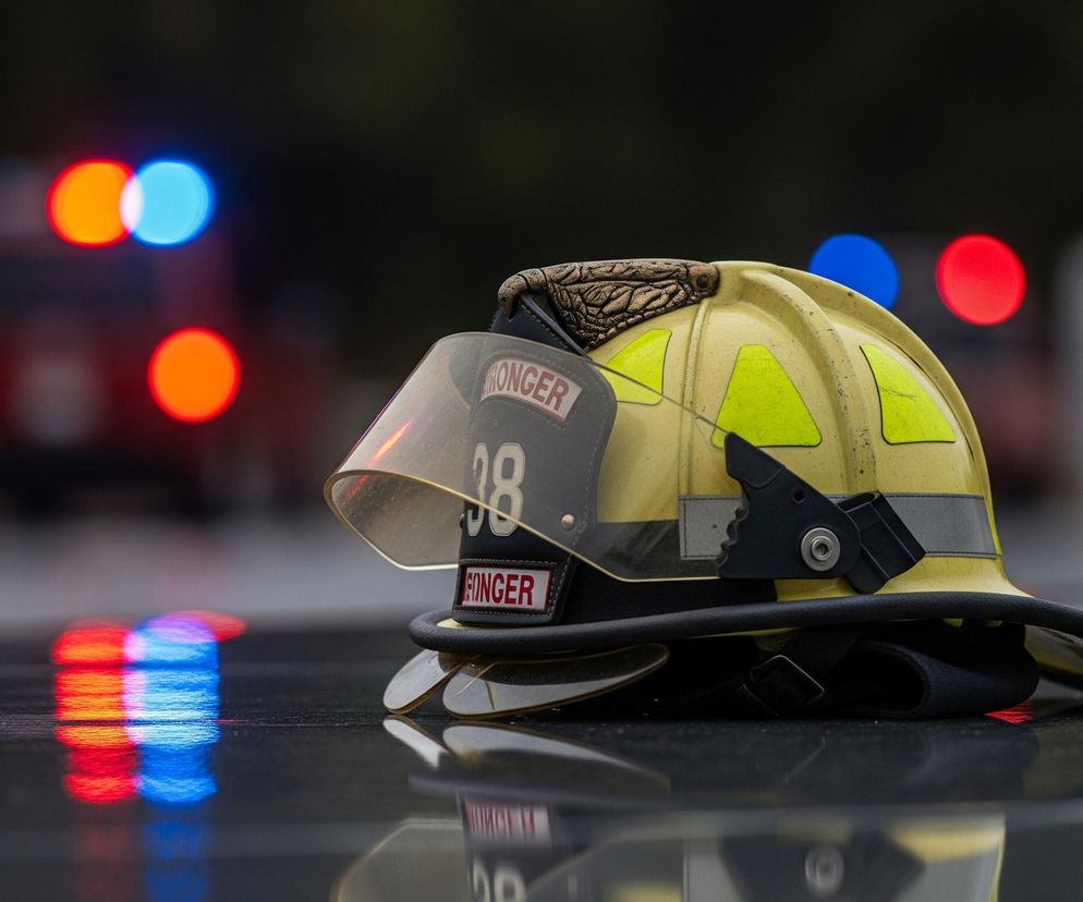 Na pierwszym planie, centralnie, leży żółty kask strażacki z odblaskowymi elementami i przezroczystą przyłbicą, na której widnieje numer 38 oraz częściowo widoczny napis ONGER i FINGER. Kask leży na ciemnej, błyszczącej powierzchni, odbijającej światła tła. W tle, rozmyte i niewyraźne, widoczne są jaskrawo czerwone i niebieskie światła, sugerujące obecność pojazdów ratowniczych.