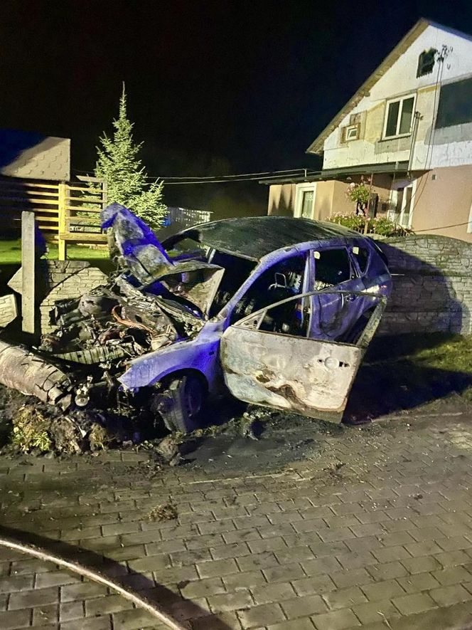 Lisewo Malborskie. Pożar auta po uderzeniu w słup energetyczny. Dwie osoby uratowali świadkowie.