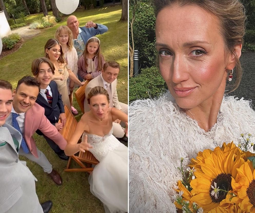 Anna Gzyra-Augustynowicz (Asia) w sukni ślubnej w otoczeniu aktorów Marka Molaka (Hubert), Natalii Zambrzyckiej (Agata), Olafa Staszkiewicza (Ignacy), Niny Szumowskiej (Marysia) i Marka Siudyma (Tolek) na planie serialu Barwy szczęścia oraz selfie Anny Gzyry w białym futerku, trzymającej bukiet słoneczników. Więcej o ich ślubie przeczytasz na Super Seriale.