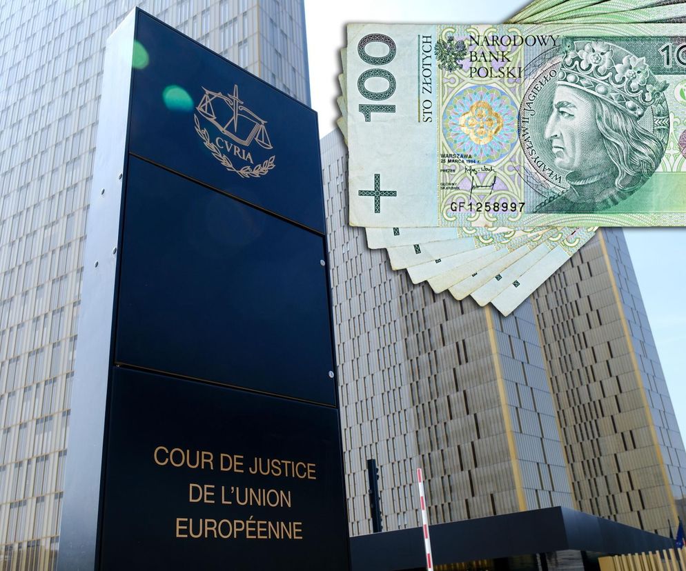Tablica z napisem Cour de Justice de l'Union Européenne w Luksemburgu na tle budynku Trybunału Sprawiedliwości UE oraz rozwinięte banknoty stuzłotowe, symbolizujące kwestie finansowe związane ze stawką WIBOR, o czym można przeczytać na Super Biznes.
