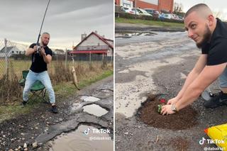 Łowi w nich ryby i sadzi kwiaty. TikToker z Leszna śmieje się z dziurawych ulic 