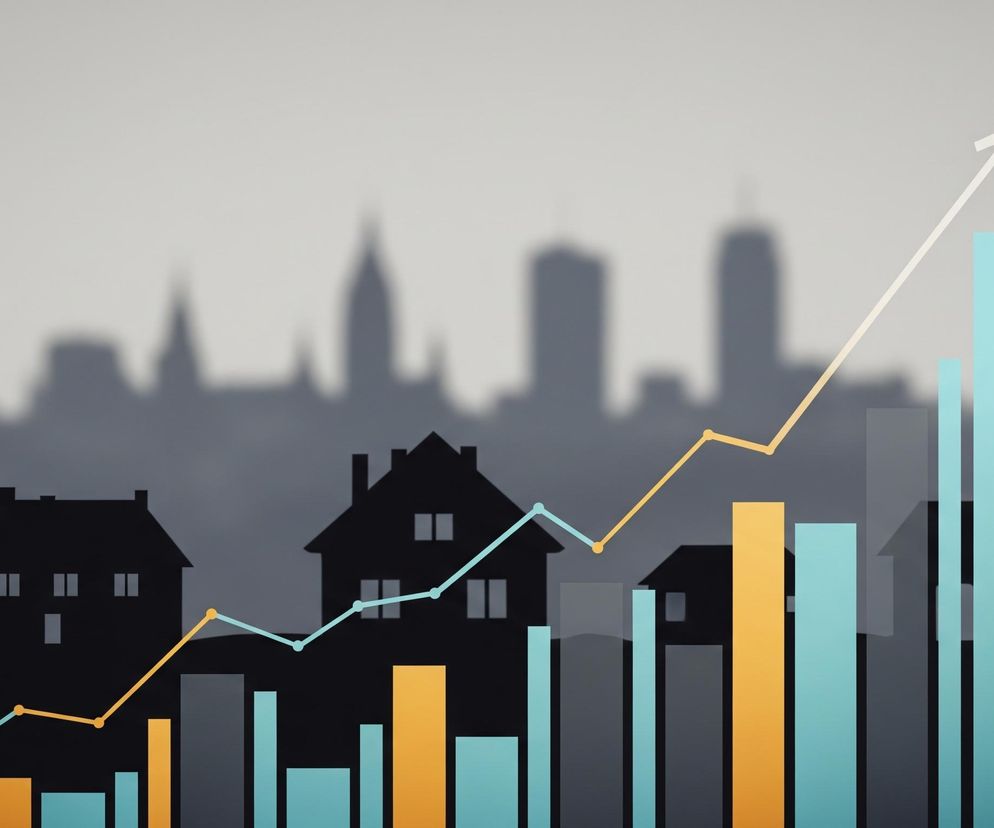 Wizualizacja przedstawia ciemne sylwetki domów jednorodzinnych na pierwszym planie, z rzędem słupków wykresu biegnących przez całą szerokość obrazu. Słupki te mają różne wysokości i są w kolorach błękitnym, pomarańczowym i szarym. Ponad słupkami przeplatają się dwie linie trendu, jedna błękitna, druga pomarańczowa, zakończone białą strzałką skierowaną w prawy górny róg. W tle widoczna jest rozmazana panorama miasta z ciemnymi sylwetkami wieżowców. Całość utrzymana jest w stonowanej kolorystyce z dominującymi szarościami, błękitami i pomarańczami.