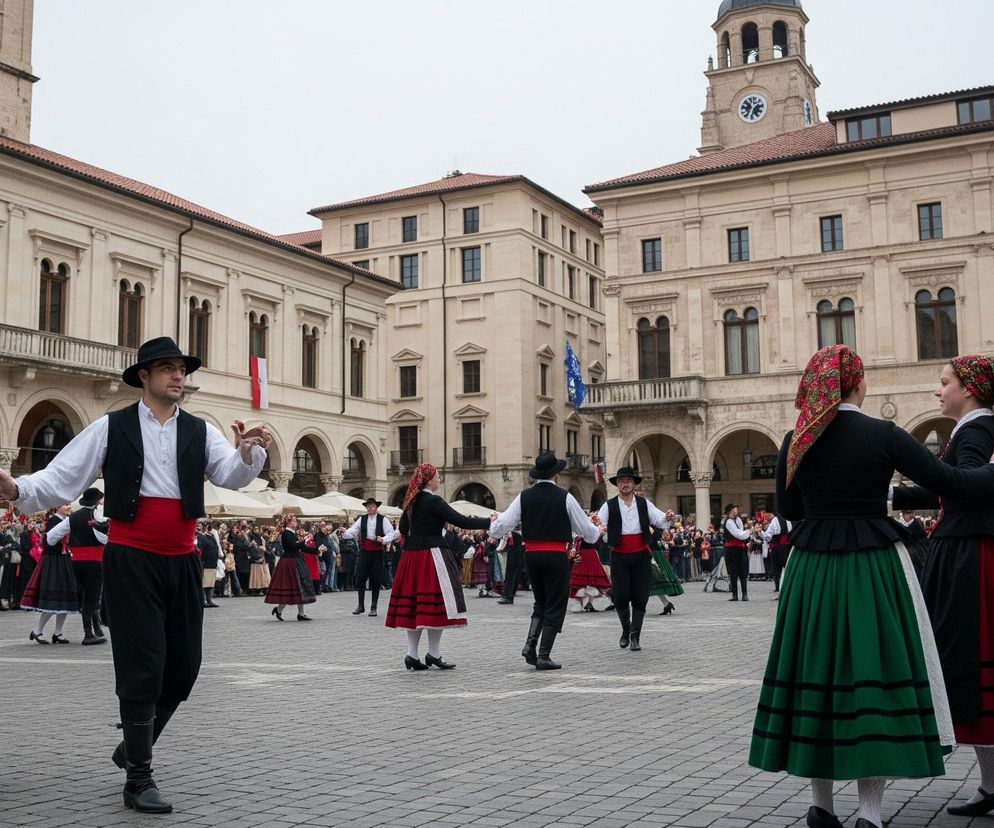 Na pierwszym planie mężczyzna w czarnym kapeluszu, białej koszuli, czarnej kamizelce i spodniach z czerwonym pasem, tańczy w parze z kobietą w ludowym stroju. Kobieta ma na głowie czerwoną chustę w kwiatowy wzór, czarną bluzkę i długą, rozkloszowaną spódnicę z niebieskimi i czarnymi pasami. Wokół nich na brukowanym placu tańczy więcej par ubranych w podobne, tradycyjne stroje, z różnobarwnymi spódnicami w odcieniach czerwieni i zieleni. W tle wznosi się duży, beżowy budynek z licznymi oknami i łukowatymi arkadami, a po prawej stronie widoczna jest wieża zegarowa.