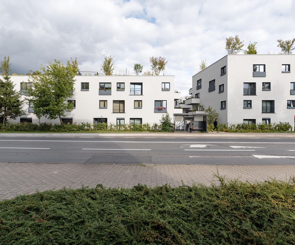 Zespół nowoczesnych, białych budynków mieszkalnych z zielonymi dachami i balkonami, wpisujący się w miejski krajobraz Poznania. Przed budynkami droga, chodnik i przystanek autobusowy. Projekt Ultra architects, doceniony w konkursie Życie w Architekturze 2025. Więcej na Architektura Murator Plus.