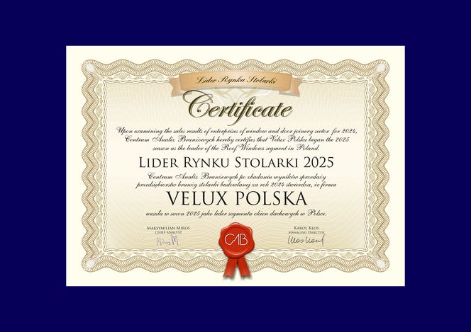 Dyplom Lider Rynku Stolarki 2025 dla VELUX