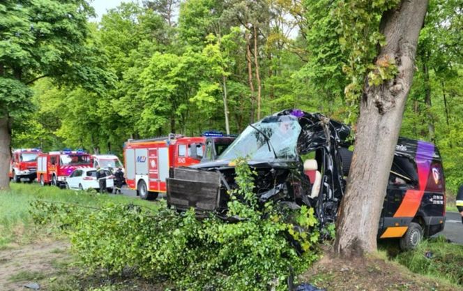 Wypadek pod Radomskiem. Bus wbił się w drzewo! Sześć osób w szpitalu, droga zablokowana