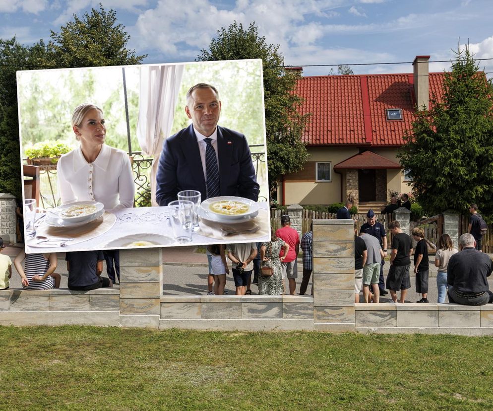 Karol i Marta Nawroccy na obiedzie u rodziny spod Kolbuszowej, na stole same smakołyki