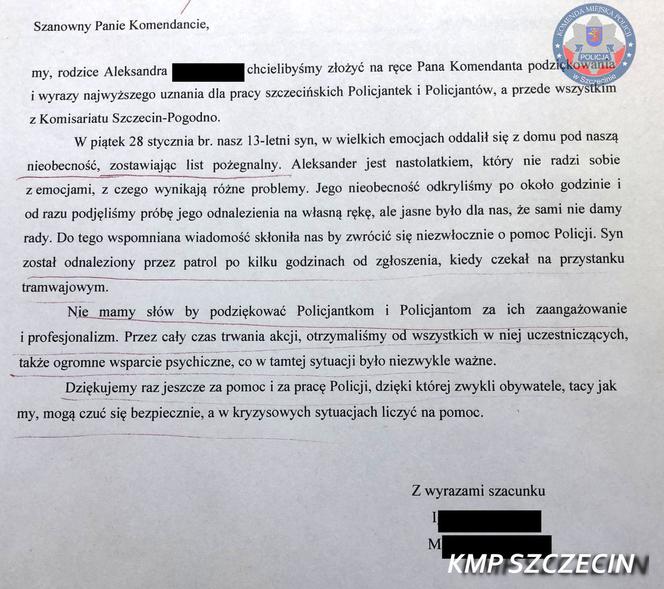 Szczecin: 13-latek wyszedł z domu i zostawił list pożegnalny. Wzruszające słowa rodziców
