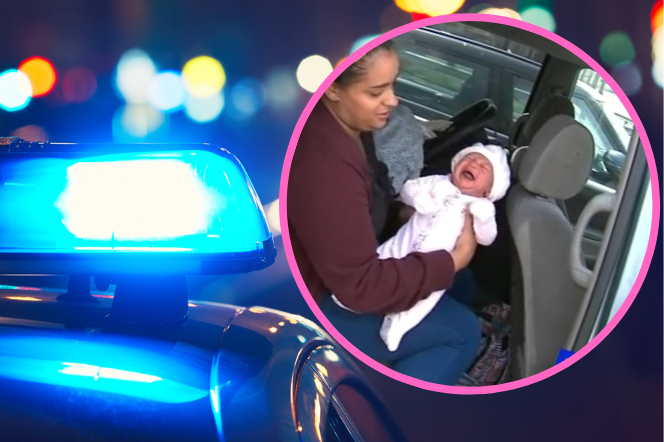 samochód policyjny i matka z dzieckiem