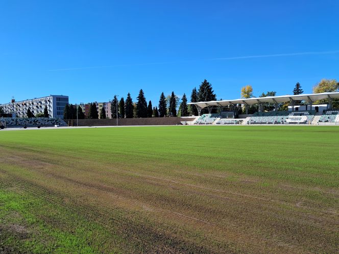 Budowa stadionu w Starachowicach. Na murawie już zielono