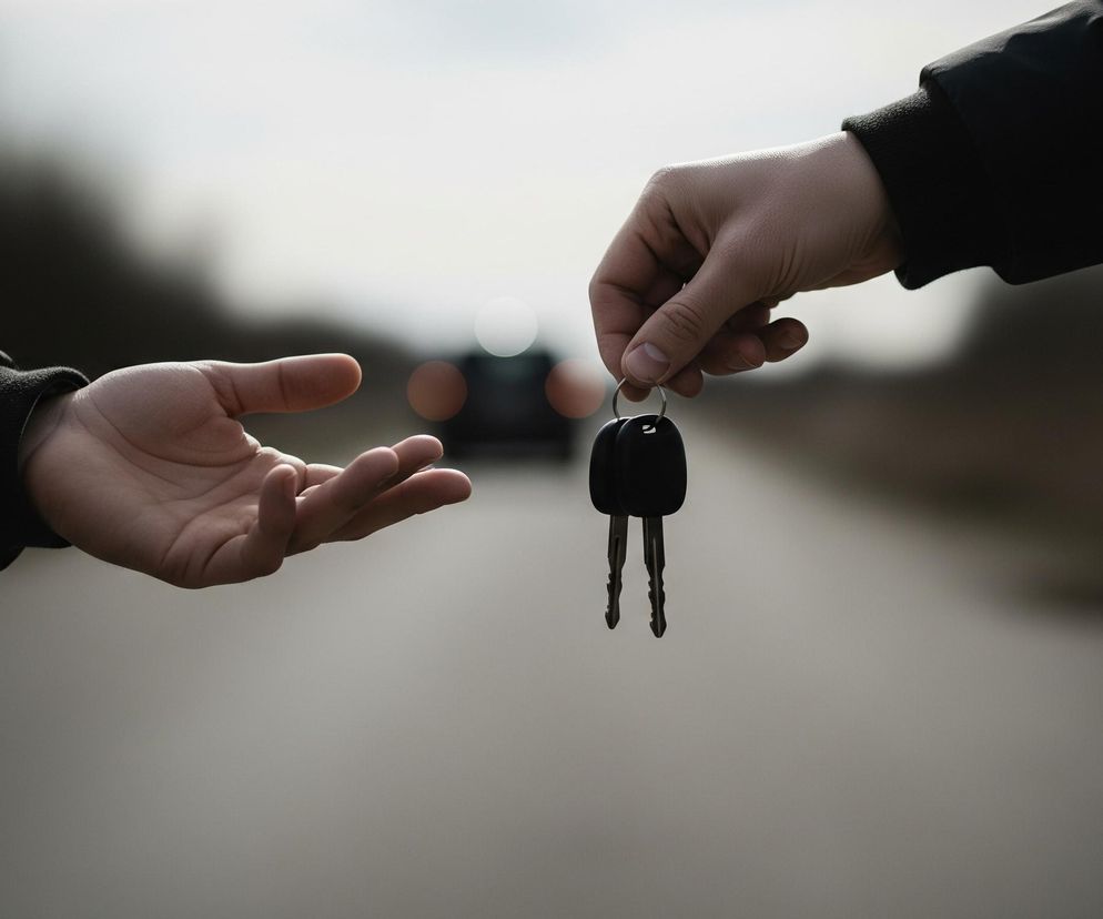 Prawa dłoń, ubrana w ciemną kurtkę z mankietem, trzyma w palcach dwa metalowe klucze, połączone metalowym kółkiem. Lewa dłoń, również w ciemnej kurtce, jest otwarta i zwrócona wnętrzem ku górze, czekając na przekazanie kluczy. Tło jest rozmyte, ukazując szarą, asfaltową drogę biegnącą w dal, po bokach której widoczne są ciemne, niewyraźne zarysy drzew i krzewów, a w tle majaczy rozmyte światło reflektorów samochodu.