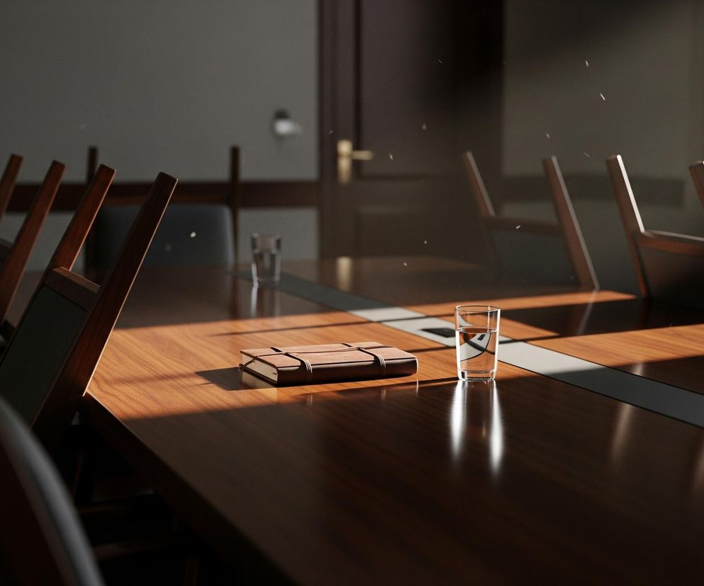 W centrum kadru znajduje się duży, błyszczący, drewniany stół konferencyjny w kolorze ciemnego brązu. Na stole leży zamknięty notatnik w skórzanej oprawie z gumką oraz szklanka wypełniona wodą, odbijająca światło. Po obu stronach stołu widać oparcia krzeseł z ciemnego drewna, niektóre rozświetlone smugami światła. W tle widoczne są ciemne ściany oraz drzwi z metalową klamką, a po prawej stronie wpada do pomieszczenia jasne światło z niewidocznego źródła, oświetlając kurz w powietrzu.