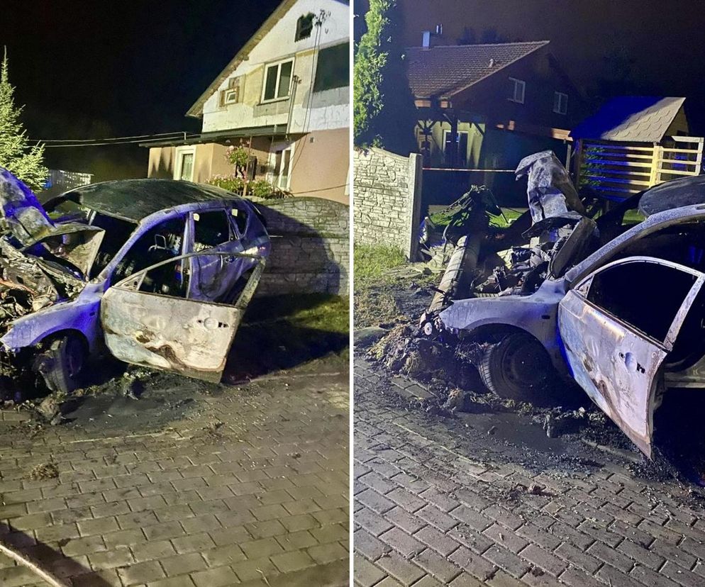 Lisewo Malborskie. Pożar auta po uderzeniu w słup energetyczny. Dwie osoby uratowali świadkowie.