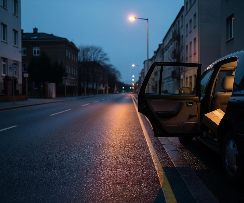 Czarny samochód z otwartymi drzwiami tylnymi pasażera stoi na poboczu ulicy. Wnętrze pojazdu, w szczególności beżowe siedzenia, jest jasno oświetlone. Powierzchnia drogi i chodnika jest mokra, odbijając ciepłe, pomarańczowe światło latarni ulicznych, które rozświetla również wnętrze samochodu. W tle widać rzędy budynków o wielu oknach i ciemne drzewa, a niebo ma odcień głębokiego granatu, wskazując na zmierzch lub wczesny ranek.