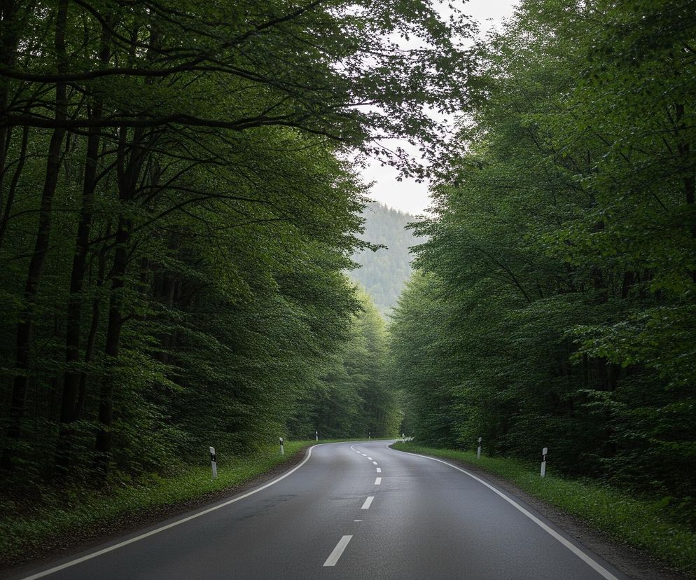 Ciemną, krętą drogę asfaltową biegnącą przez gęsty las. Szosa ma białe, przerywane linie pośrodku oraz ciągłe białe linie na krawędziach, z widocznymi kilkoma czarno-białymi słupkami drogowymi po prawej stronie. Po obu stronach drogi rosną wysokie drzewa z bujnym, zielonym listowiem, tworząc tunel, który niemal styka się u góry. Dalej w tle widać zamglony las, wpadający w szarość.