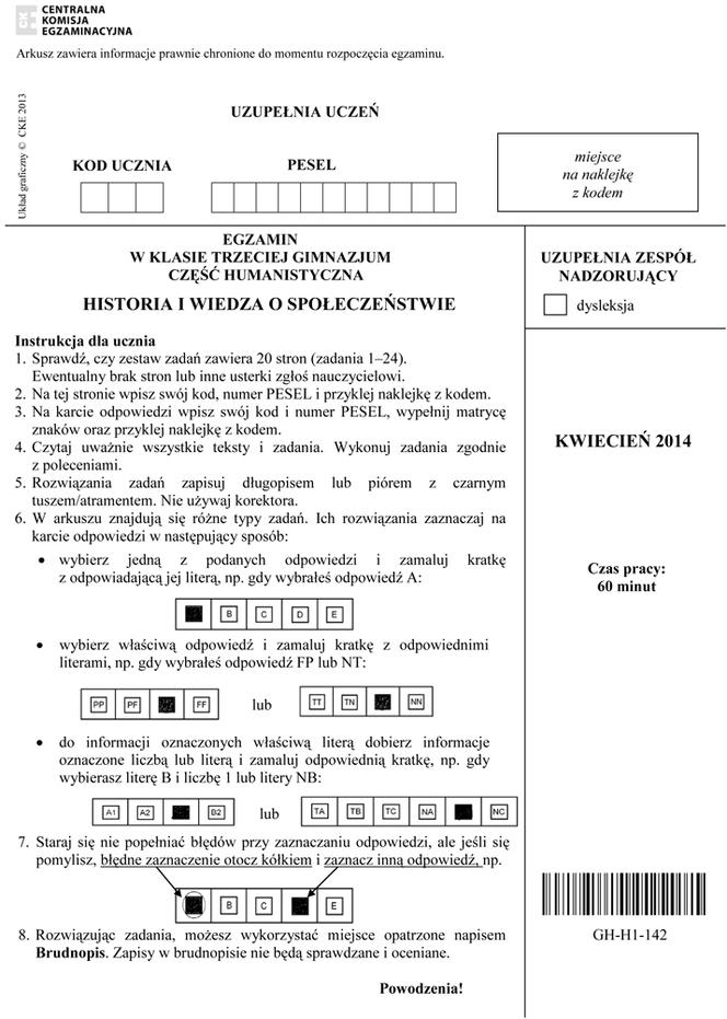 EGZAMIN GIMNAZJALNY 2014 HISTORIA WOS - ARKUSZE OFICJALNE Z CKE