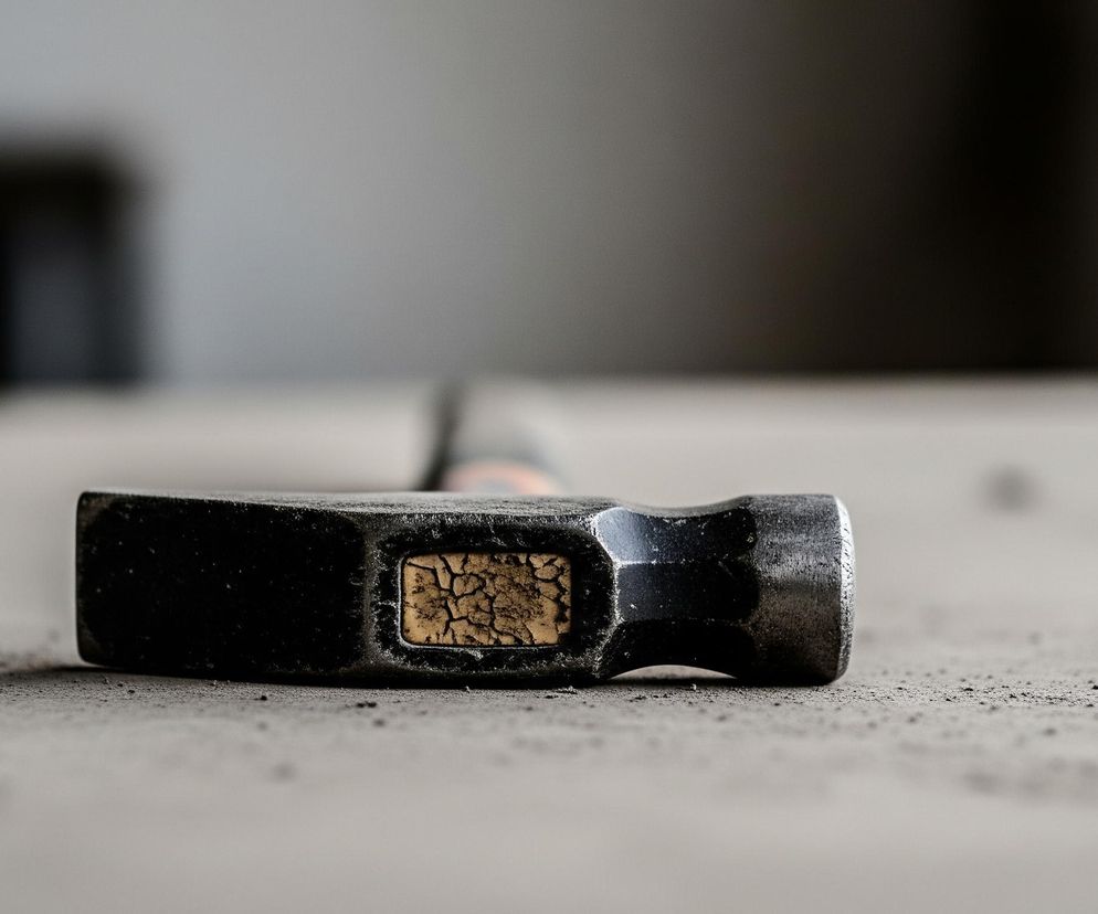 Na pierwszym planie leży młotek o ciemnej, metalowej główce, skierowany rączką w głąb obrazu. Czoło młotka jest prostokątne, w środku widoczny jest wpuszczony element o spękanej, brązowej teksturze, pokryty pyłem. Powierzchnia, na której leży młotek, jest szara, wyraźnie zakurzona, z widocznymi drobnymi czarnymi ziarenkami. Tło jest rozmyte, utrzymane w jasnych, szarych odcieniach.