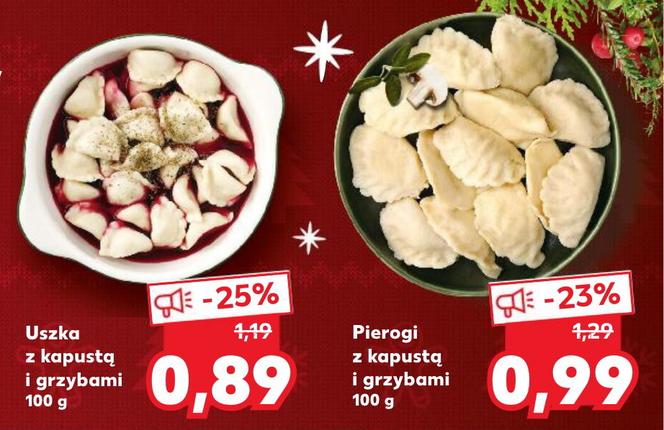 Uszka z kapustą i grzybami  (0,89 zł/100 g) oraz pierogi z kapustą i grzybami (0,99 zł/100 g),-  