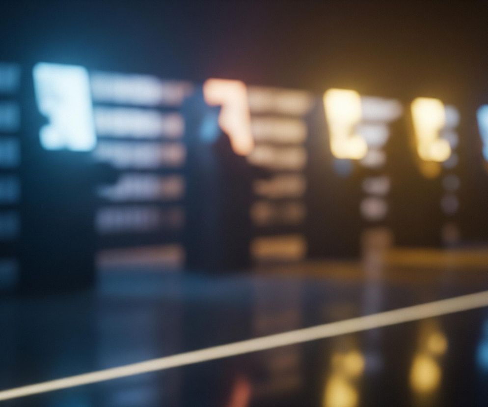 Rozmyte, ciemne wnętrze pomieszczenia jest oświetlone neonowymi światłami. Na pierwszym planie, w dolnej części obrazu, widoczna jest jasna, pozioma linia przecinająca kadr od lewej do prawej, delikatnie pochylona w górę. W tle, po prawej stronie, znajdują się rozmazane, pionowe formy przypominające regały lub ekrany, emitujące światło w kolorach pomarańczowym i żółtym, natomiast po lewej stronie dominuje niebieskie i jasnoniebieskie światło. Całość ma ciemną, futurystyczną estetykę z miękkimi, rozproszonymi źródłami światła.