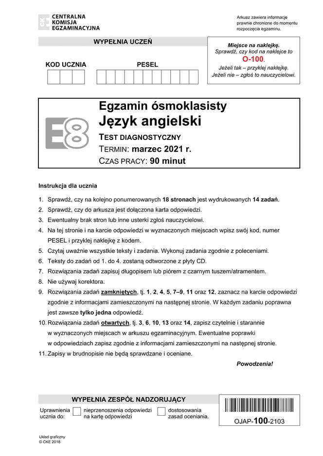 Próbny egzamin ósmoklasisty 2021: Język angielski. ARKUSZE CKE
