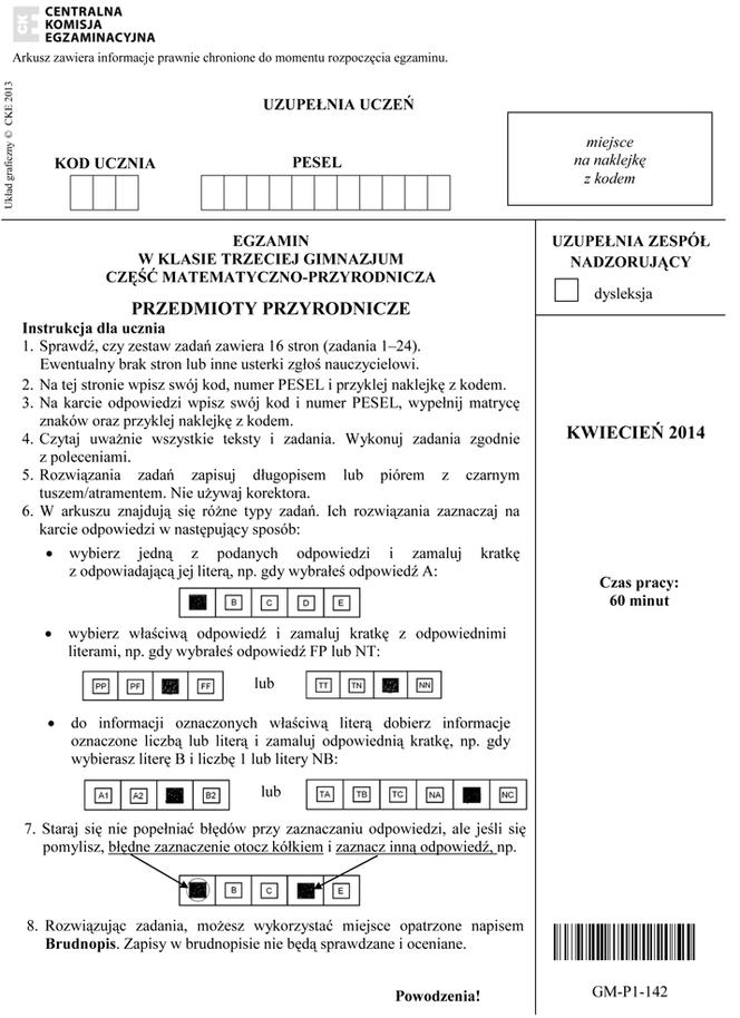 EGZAMIN GIMNAZJALNY 2014 PRZYRODA, BIOLOGIA, GEOGRAFIA: ARKUSZE OFICJALNE Z CKE + ODPOWIEDZI