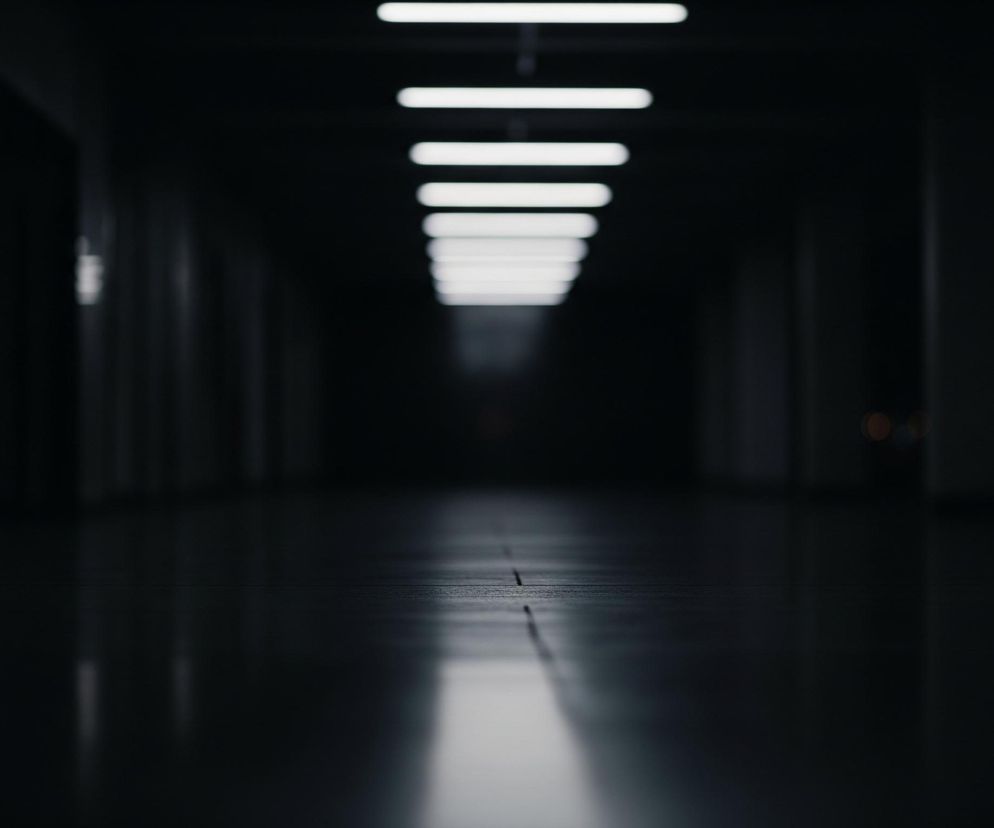 Długi, ciemny korytarz rozciąga się w głąb, tworząc perspektywę znikającego punktu. Sufit oświetlony jest równomiernie rozmieszczonymi, poziomymi, prostokątnymi lampami jarzeniowymi, które stają się coraz mniejsze i bardziej zamazane w oddali. Podłoga odbija światło z lamp, tworząc jasne pasy na ciemnej powierzchni, dzielonej przez widoczną spoinę biegnącą przez środek. Po prawej stronie, w tle, widoczne są rozmyte, okrągłe światła w odcieniach pomarańczowego i niebieskiego.