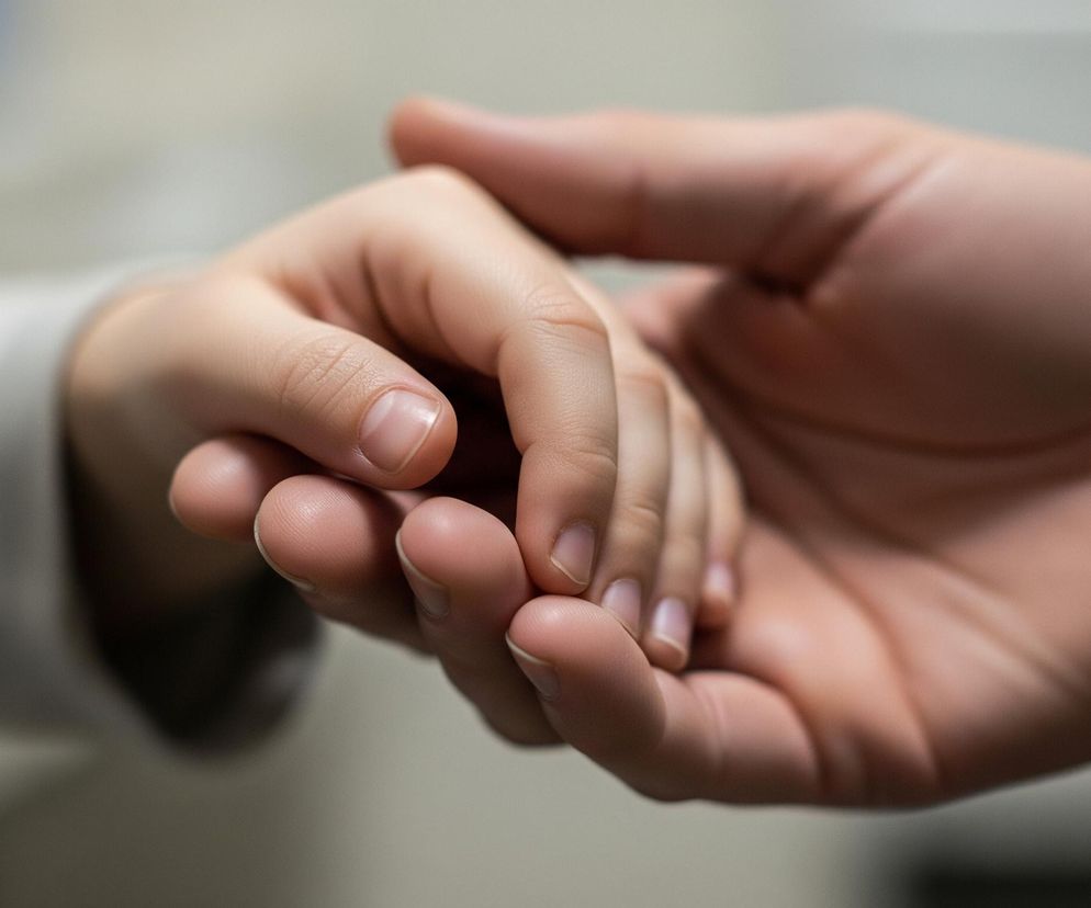 Prawa dłoń, należąca do dorosłej osoby, delikatnie obejmuje lewą dłoń dziecka, która spoczywa na jej powierzchni. Palce dorosłego są ugięte wokół małych palców dziecka, tworząc symboliczny gest ochrony i wsparcia. Skóra rąk ma jasnoróżowy odcień, a paznokcie są czyste i zadbane. Tło jest rozmyte, z jasnoszarymi i białymi tonami, co skupia uwagę na centralnym motywie dłoni.