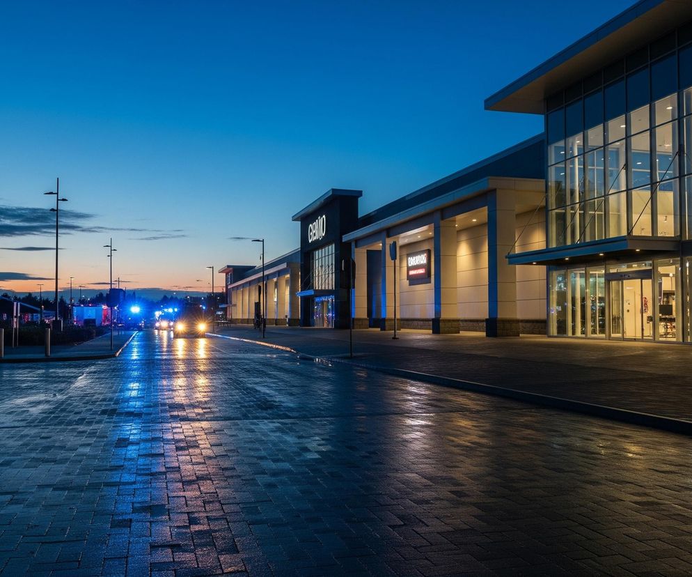 Oświetlona ulica z kostki brukowej rozciąga się w centrum kadru, odbijając światła nadjeżdżających samochodów i budynków po prawej stronie. Po prawej stronie widać nowoczesny kompleks budynków z dużymi szklanymi fasadami, częściowo oświetlonymi od wewnątrz, z neonowymi szyldami widocznymi na dachu i nad wejściami. W oddali, po lewej stronie, migoczą niebieskie i białe światła pojazdów ratunkowych, a nad horyzontem zachodzi słońce, tworząc pomarańczowo-różowy pas pod błękitnym, stopniowo ciemniejącym niebem.