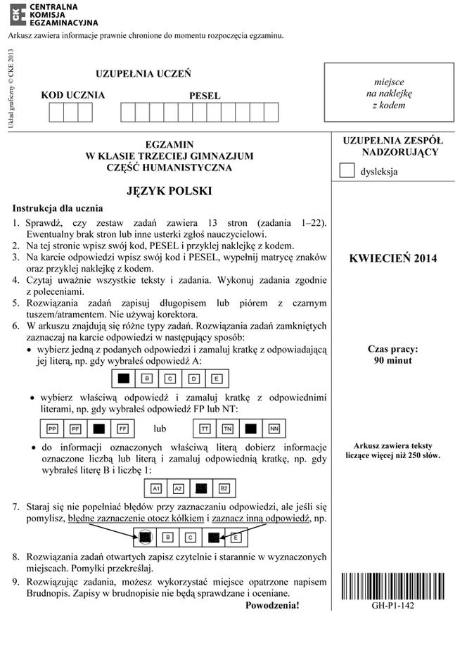 EGZAMIN GIMNAZJALNY 2014 POLSKI: ARKUSZE, ODPOWIEDZI - OFICJALNE Z CKE