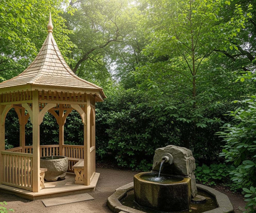 Drewniana, ośmioboczna altana z dachem krytym gontem, zwieńczona ozdobnym szpicem, zajmuje lewą stronę kadru. W jej wnętrzu, na podwyższonej drewnianej podłodze, znajduje się kamienna miska przypominająca moździerz oraz drewniane ławki. Po prawej stronie altany, na ziemi pokrytej żwirem, stoi kamienna fontanna, z której woda płynie do prostokątnego zbiornika. Całość otoczona jest bujną, zieloną roślinnością, dominującą w całym tle, a słońce prześwituje przez korony drzew w górnej części obrazu.