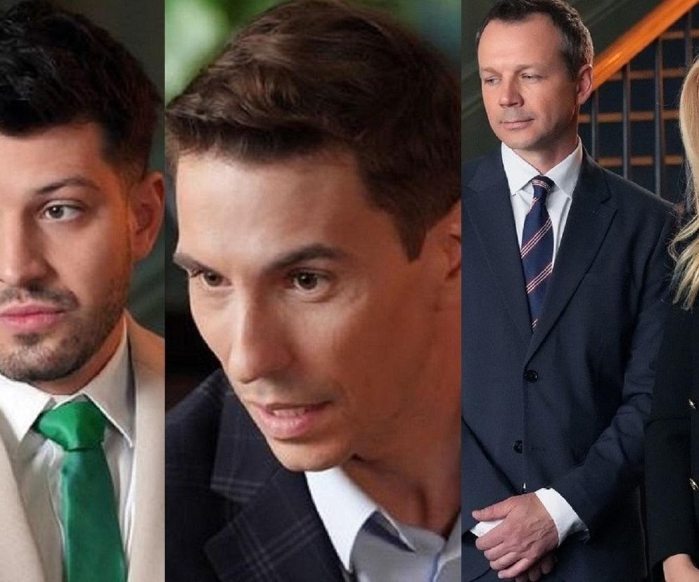 Zgrupowanie postaci z serialu „Barwy szczęścia”: Justin (Jasper Sołtysiewicz) w beżowej marynarce i zielonym krawacie, Tomasz (Jakub Sokołowski) w kratkowanej marynarce oraz Bruno (Lesław Żurek) w granatowym garniturze z Karoliną (Marta Dąbrowska) w czarnej marynarce, którzy planują przejęcie hotelu. Więcej na Super Seriale.