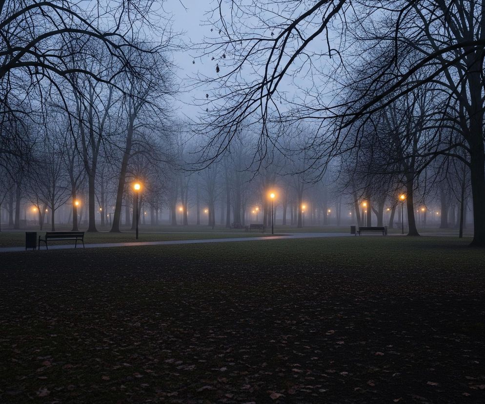 Park miejski pogrążony jest w mgle, oświetlony pomarańczowymi latarniami, które rozciągają się wzdłuż ścieżek. W centrum znajduje się trawnik pokryty opadłymi, ciemnymi liśćmi, a w tle widać rzędy nagich drzew z ciemnymi, rozgałęzionymi konarami. Niebo jest szaroniebieskie, a ławki parkowe i kosze na śmieci są ledwo widoczne w oddali, zanurzone w mglistej atmosferze.
