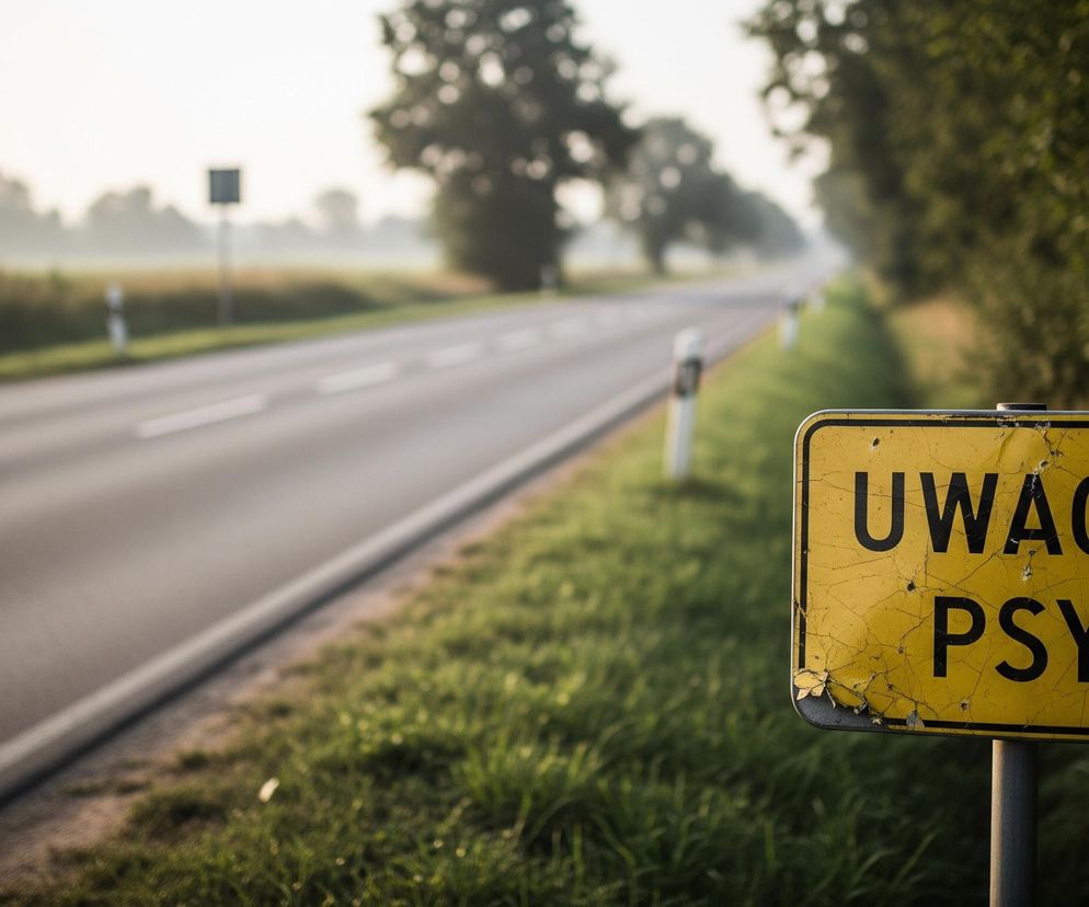 Żółta tablica z czarnym napisem UWAGA PSY znajduje się na pierwszym planie, w prawym dolnym rogu. Jest ona uszkodzona, z licznymi pęknięciami i ubytkami farby. Tablica jest przymocowana do szarego słupka. Za tablicą rozciąga się asfaltowa droga z białymi liniami, biegnąca w oddali, gdzie widać zamglony horyzont i niewyraźne drzewa. Po prawej stronie drogi rośnie bujna zieleń drzew i krzewów, a po lewej stronie drogi znajduje się trawiasty pas, za którym widoczne są pojedyncze słupki drogowe i rozmyty krajobraz z polami i drzewami.