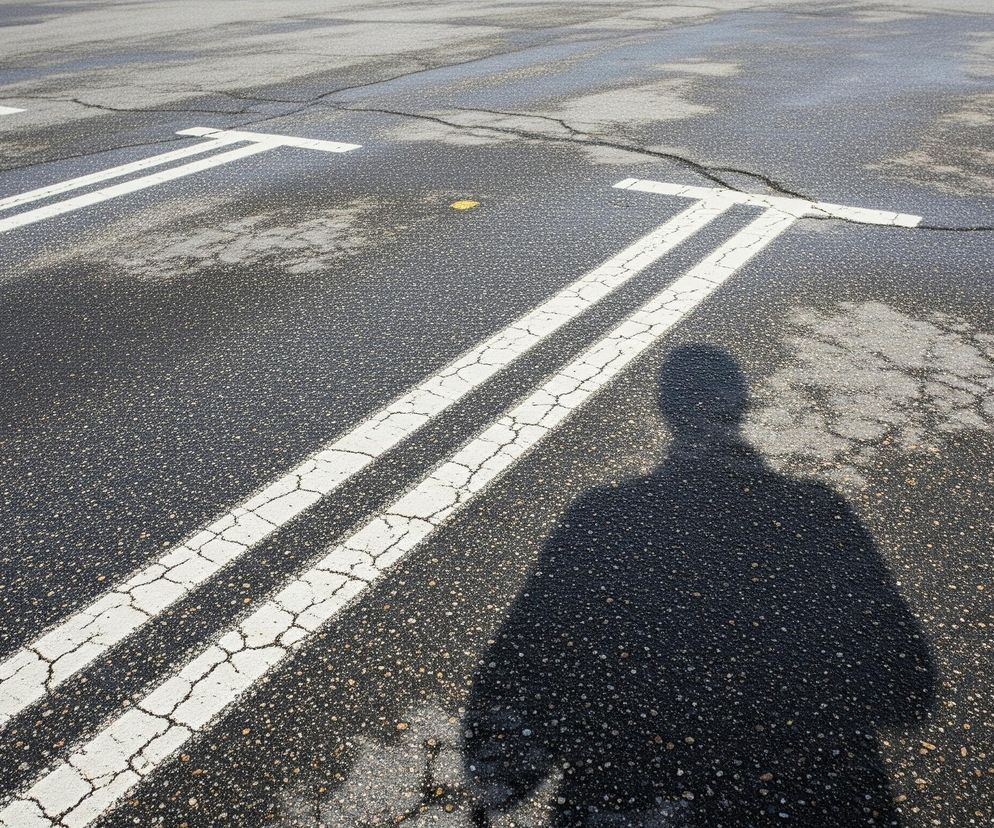 Na asfaltowej nawierzchni parkingowej, pokrytej licznymi pęknięciami i plamami wysuszonej wilgoci, widoczny jest długi, ciemny cień człowieka. Asfalt jest ciemnoszary, miejscami lśni od wilgoci i zawiera w sobie jaśniejsze, drobne kamyczki, tworzące chropowatą teksturę. Przez środek kadru biegną dwie równoległe białe linie, stanowiące oznaczenia parkingowe, a w dalszej części widać fragment poprzecznej białej linii, tworzącej kształt przypominający literę T. Na asfalcie, między liniami, znajduje się niewielki, żółty element.