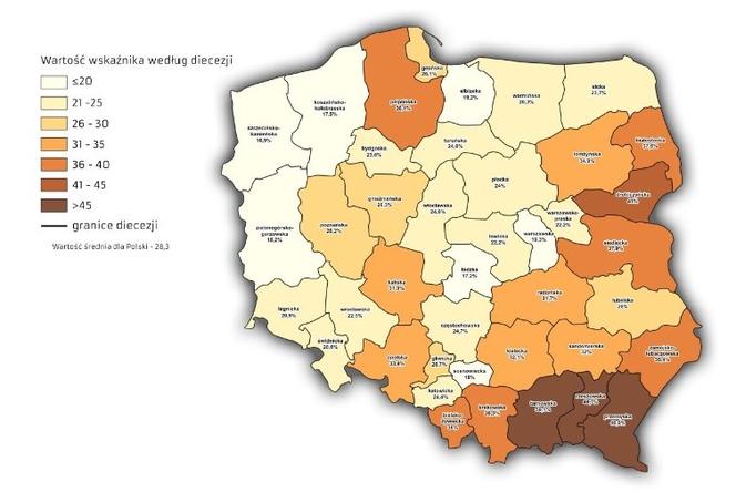 W tych diecezjach najmniej osób chodzi do kościoła
