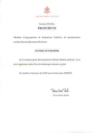Dekret powołujący abp. S. Budzika na członka Kongregacji Wychowania Katolickiego