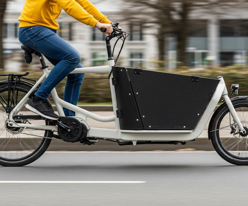 Osoba w żółtej bluzie i niebieskich jeansach jedzie na białym rowerze cargo po drodze asfaltowej. Rower ma czarny bagażnik z tyłu i dużą, czarną skrzynię transportową z przodu, zamocowaną na białej ramie. W tle widać rozmyte budynki i drzewa, co sugeruje ruch.