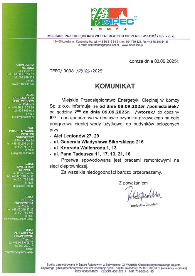 Przerwa w dostawie ciepłej wody w Łomży
