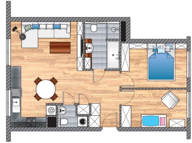 Nowoczesne 63-metrowe mieszkanie z drewnem i kolorem