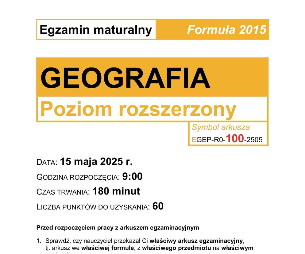 Matura 2025 geografia - odpowiedzi, arkusz CKE  CKE 15.05.2025 - Formuła 2015	