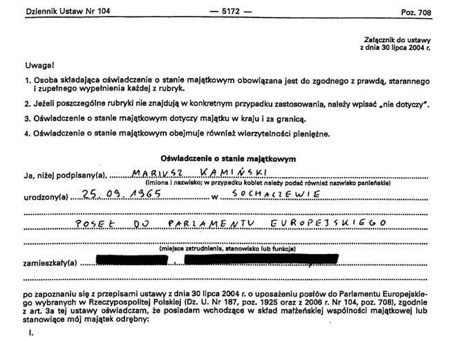 oświadczenie majątkowe europosła Mariusza Kamińskiego