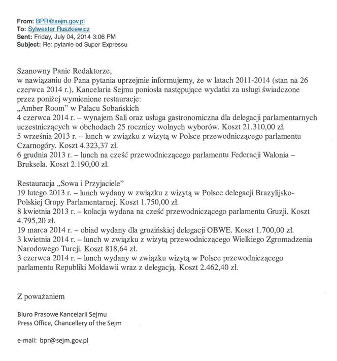 Kancelaria Sejmu pismo
