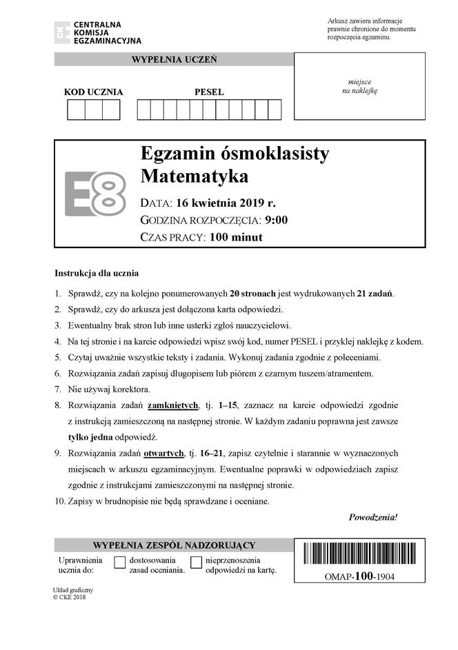 Egzamin ósmoklasisty 2019 - matematyka